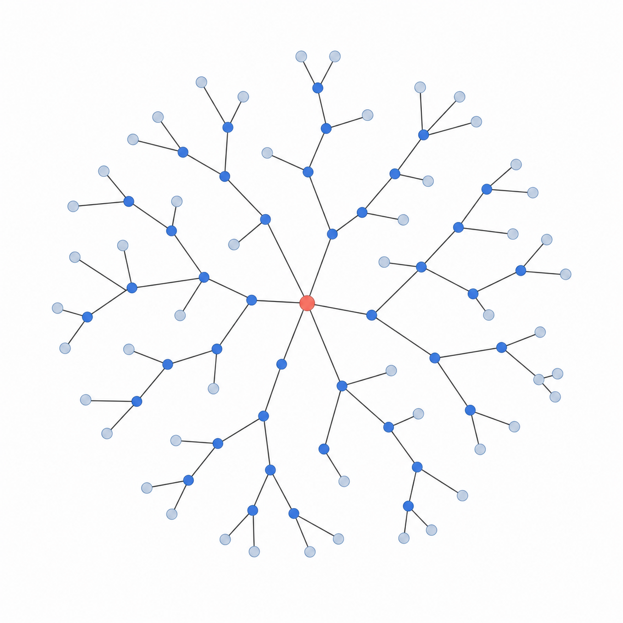 A branching tree rooted at the center and expanding radially with degree heterogeneity.