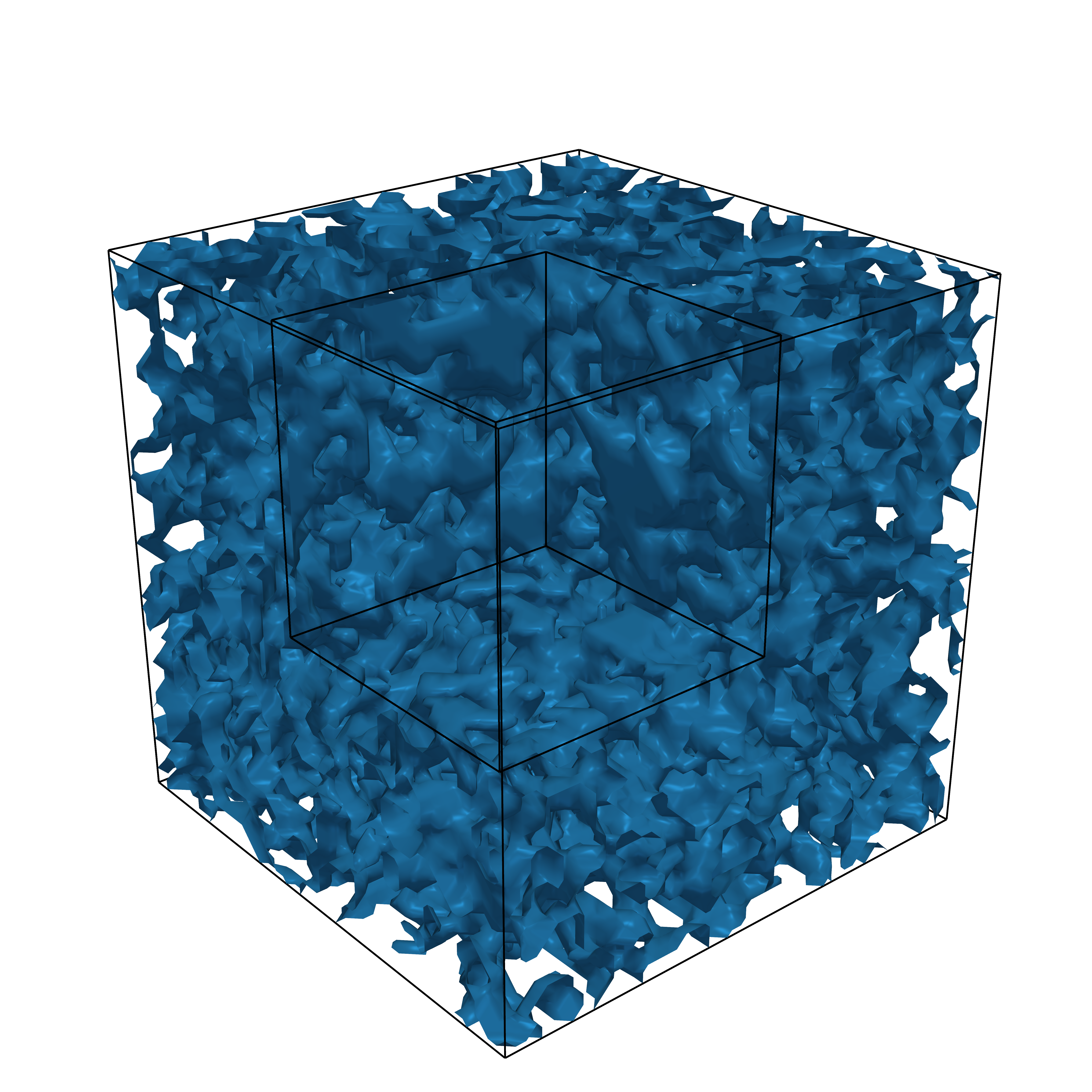 Three-dimensional rendering of a porous medium inside a cubic volume, with an inner sampling region.